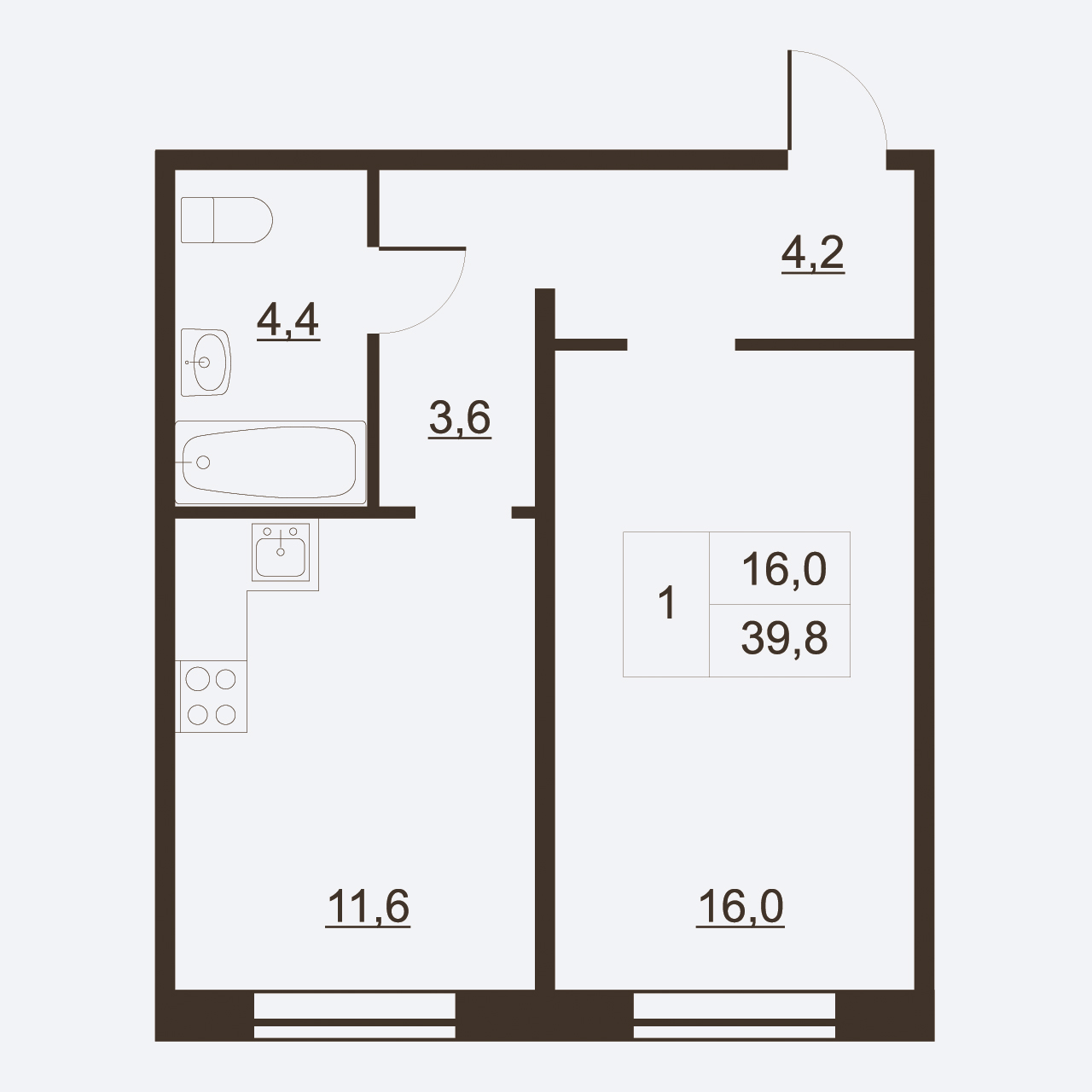 1-комнатная квартира, 39.8