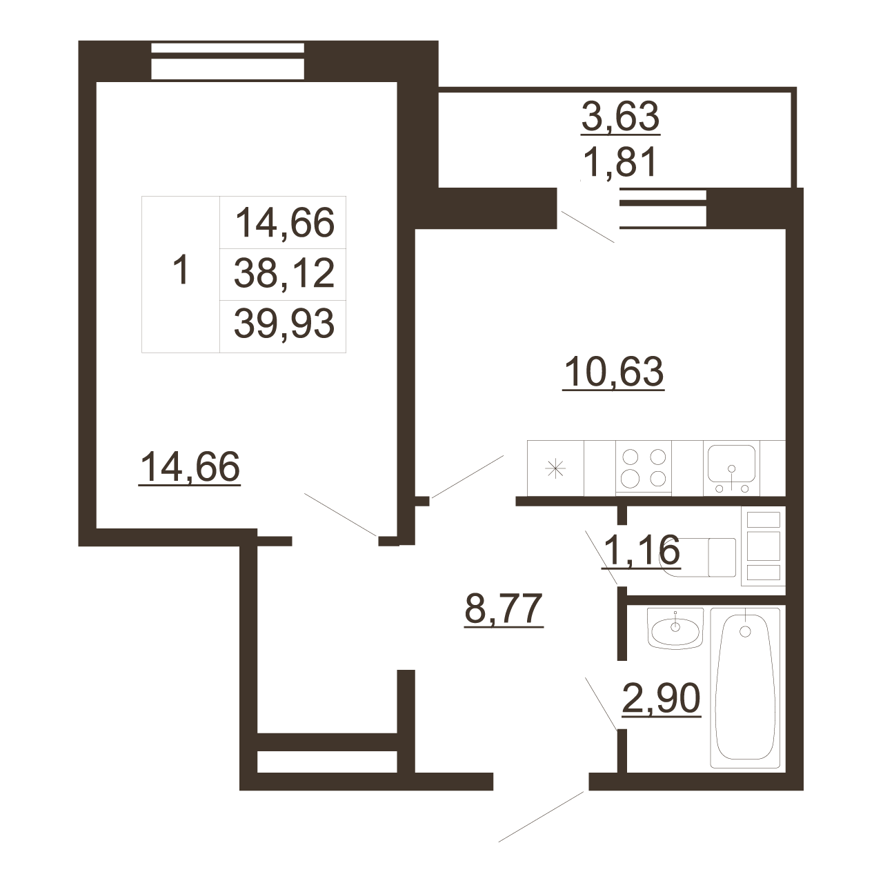 1-комнатная квартира, 39.93