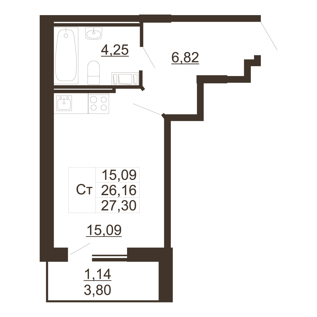 Квартира студия, 27.3