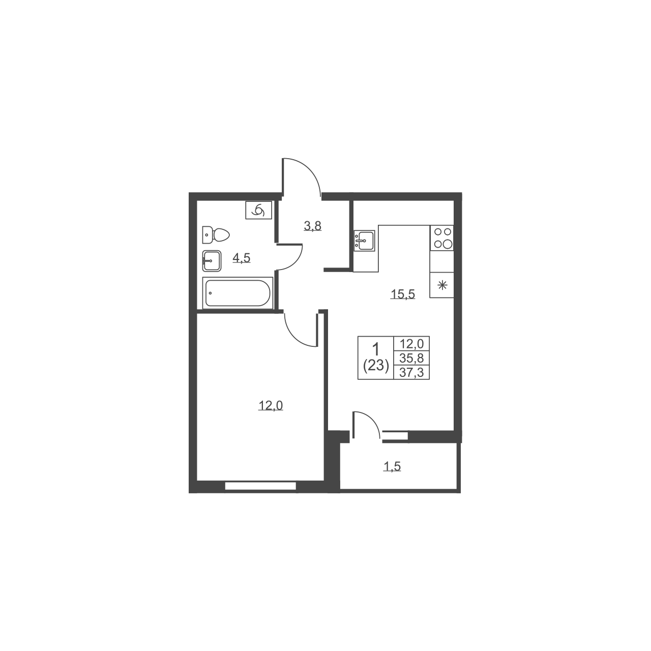 1-комнатная квартира, 37.3