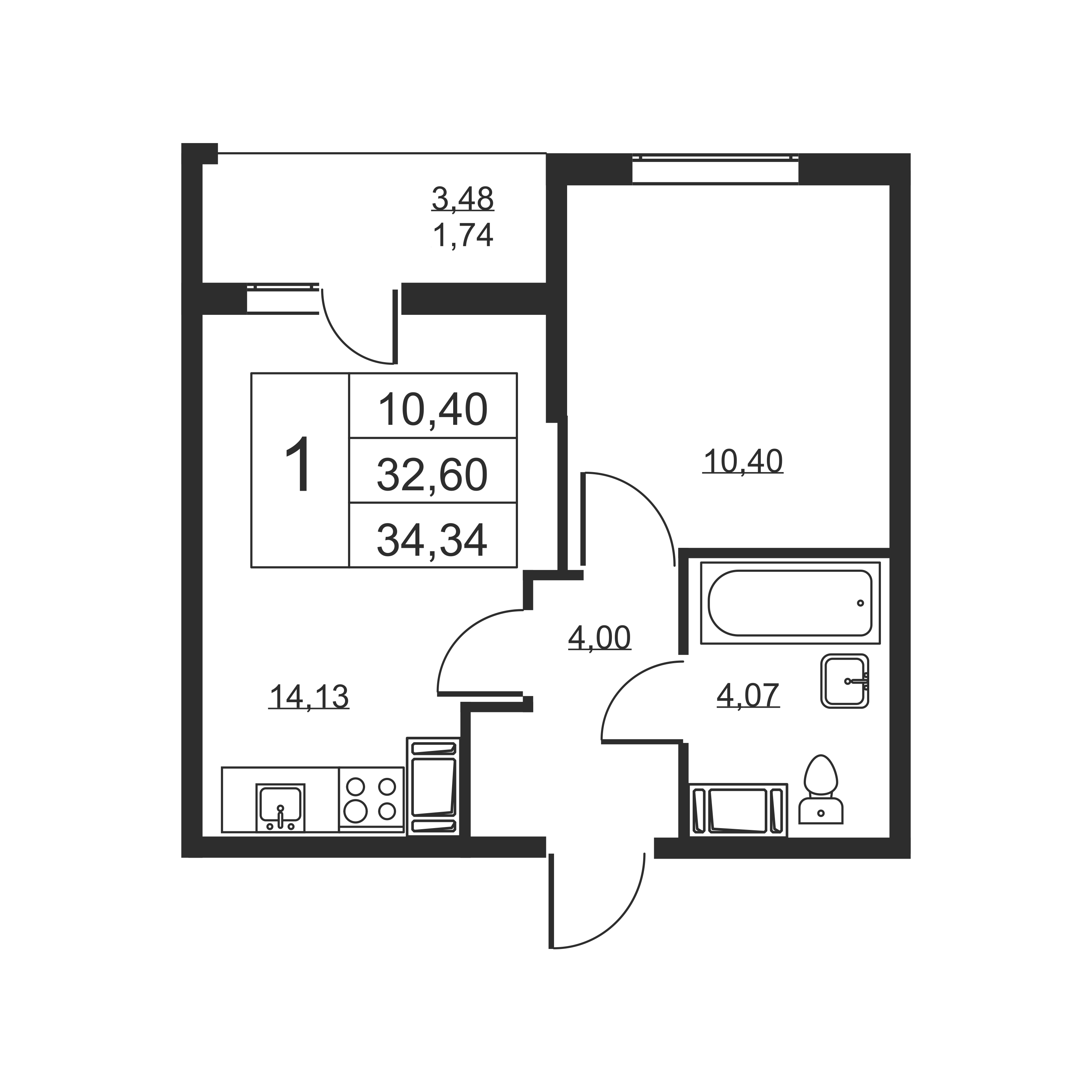 1-комнатная квартира, 34.34