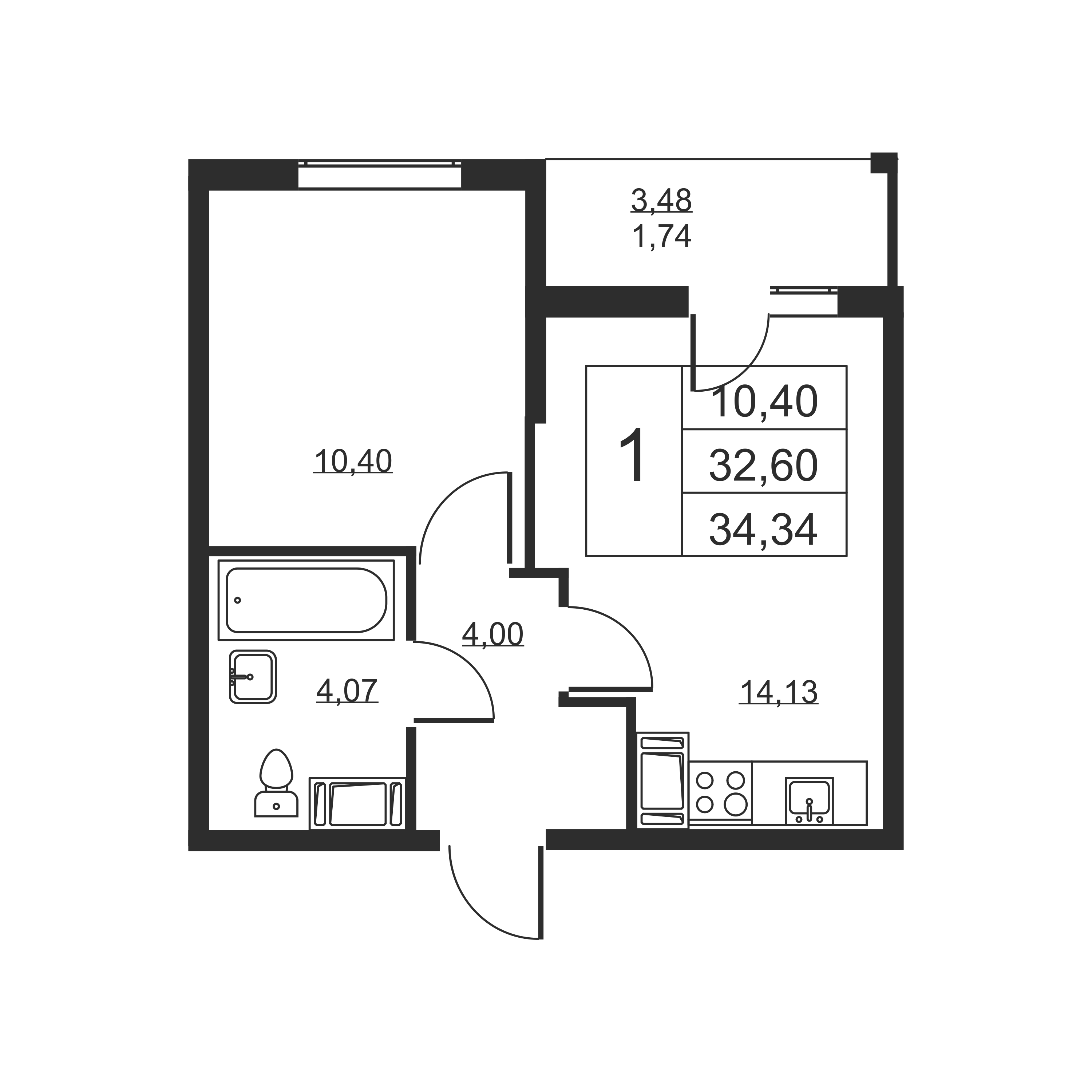 1-комнатная квартира, 34.34
