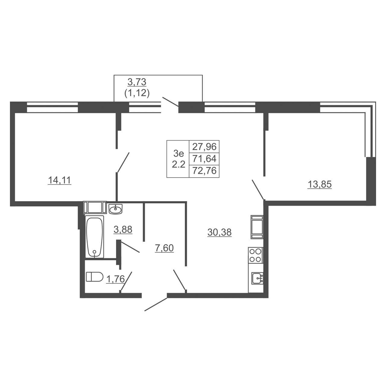 3-комнатная квартира, 72.76