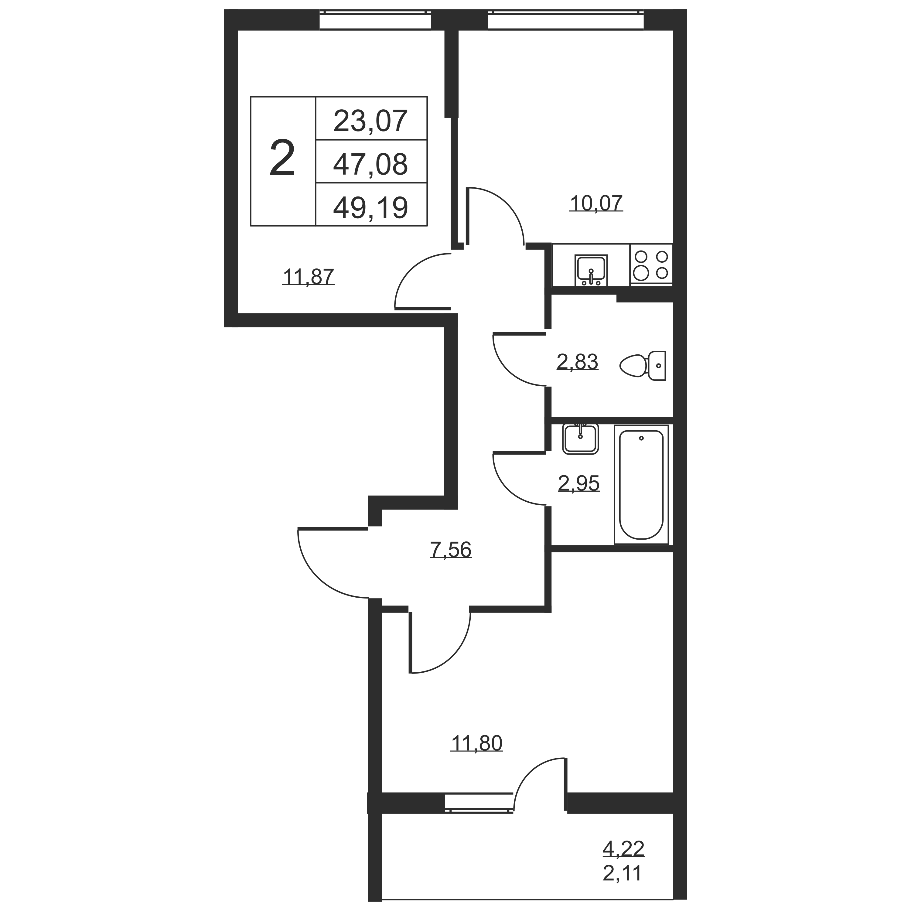 2-комнатная квартира, 49.19