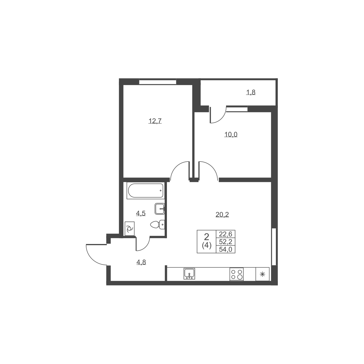 2-комнатная квартира, 54