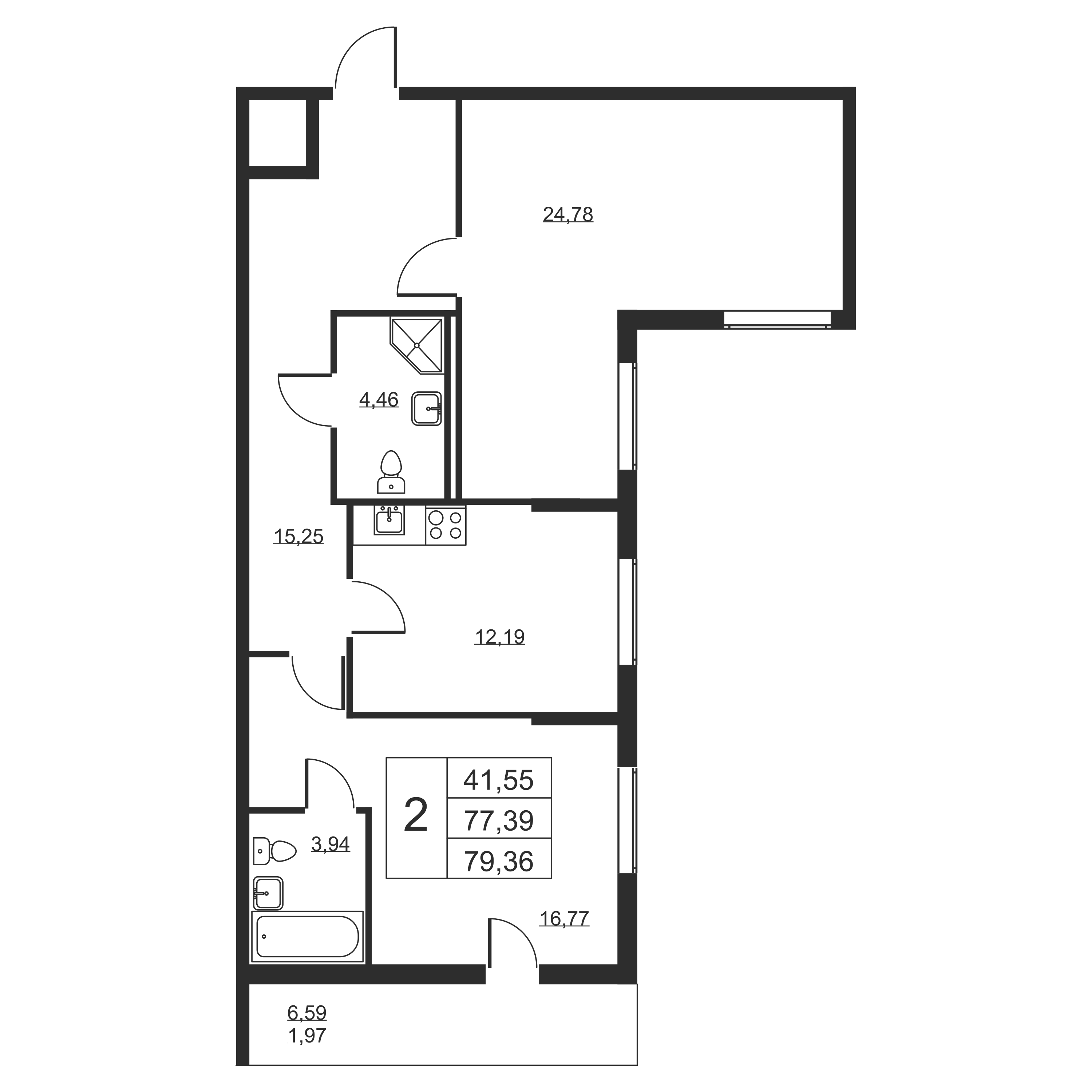 2-комнатная квартира, 79.36