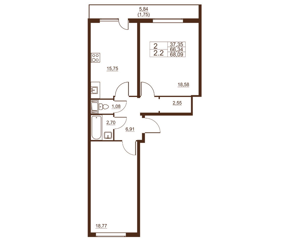 2-комнатная квартира, 68.09