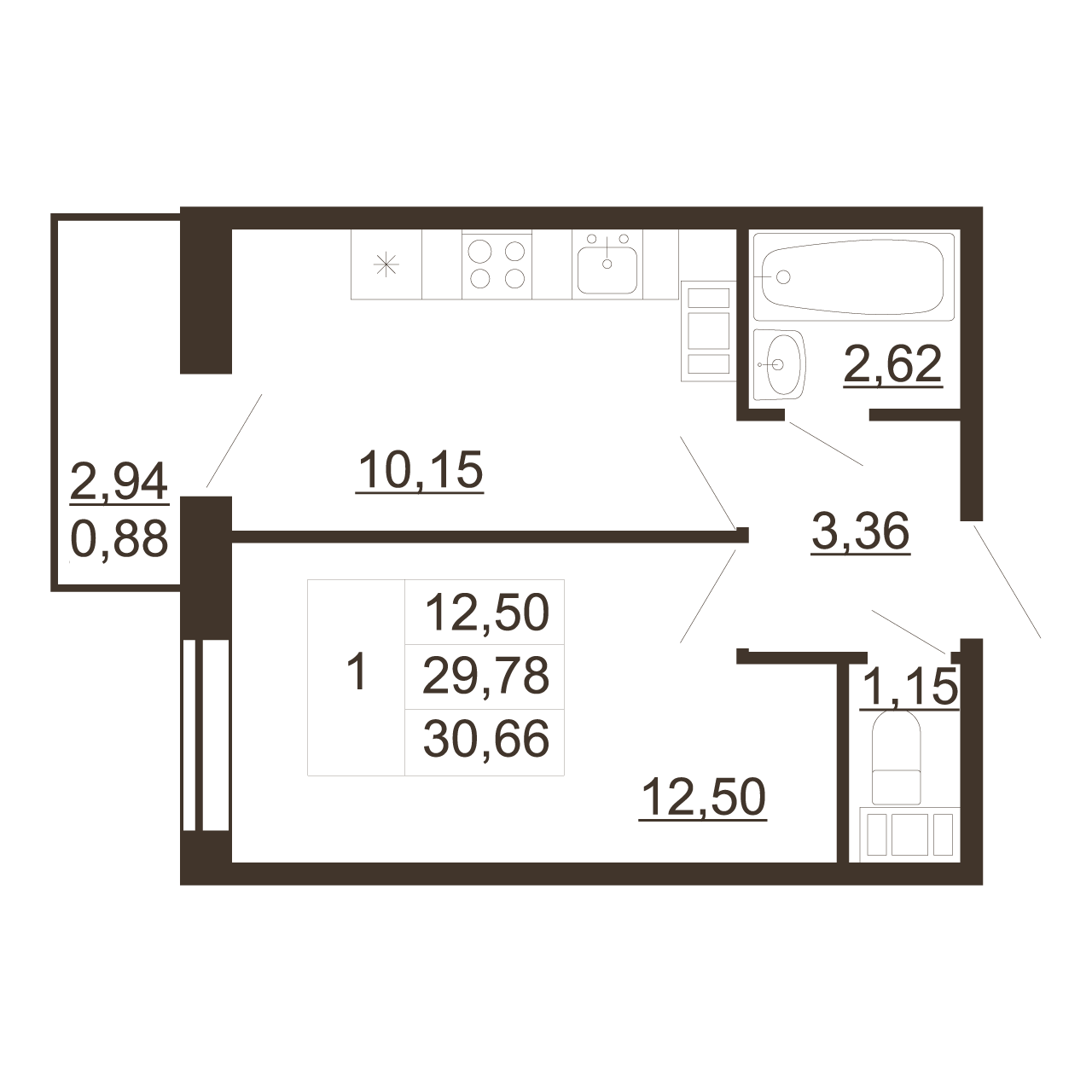 1-комнатная квартира, 30.66