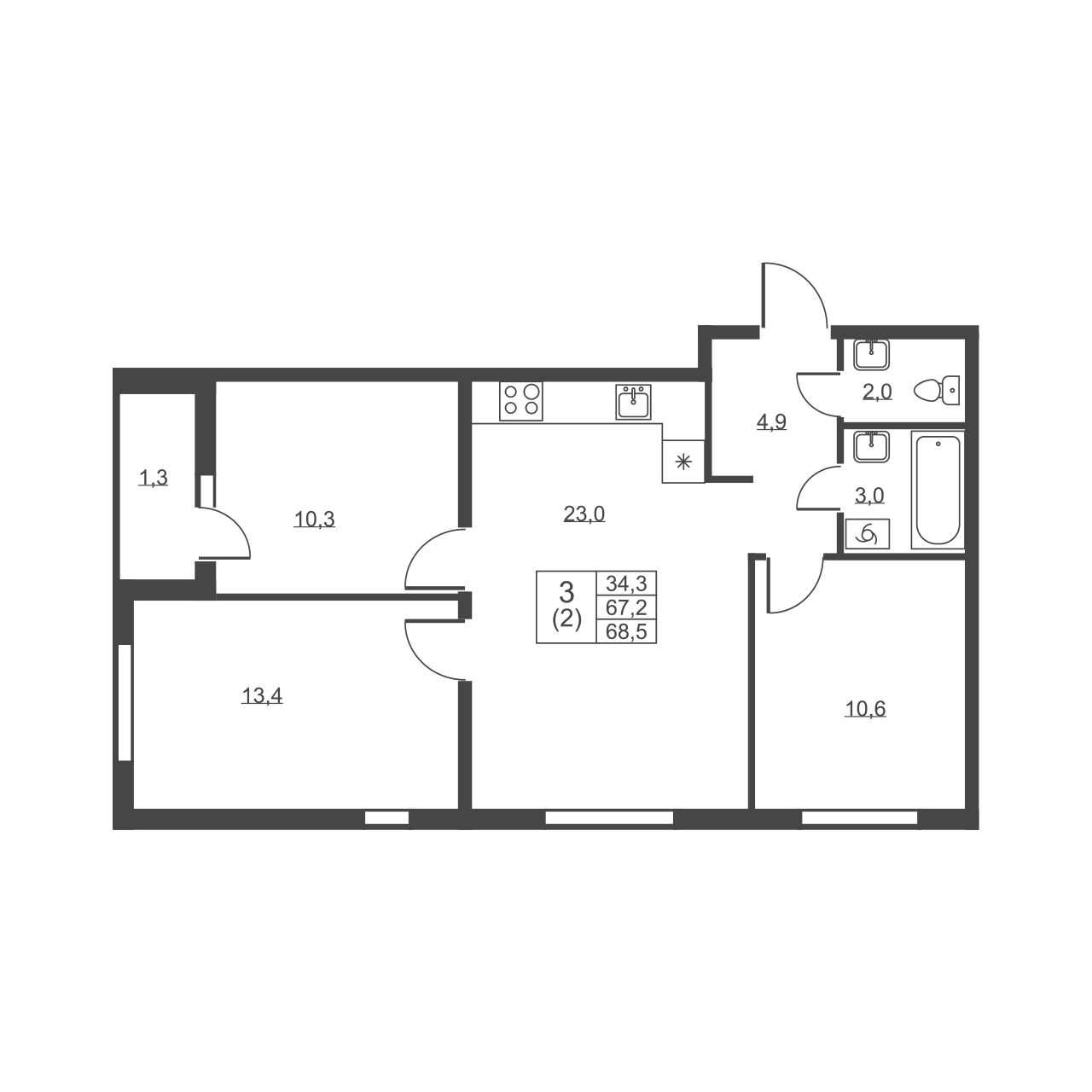 3-комнатная квартира, 68.5