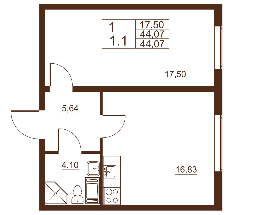 1-комнатная квартира, 44.07