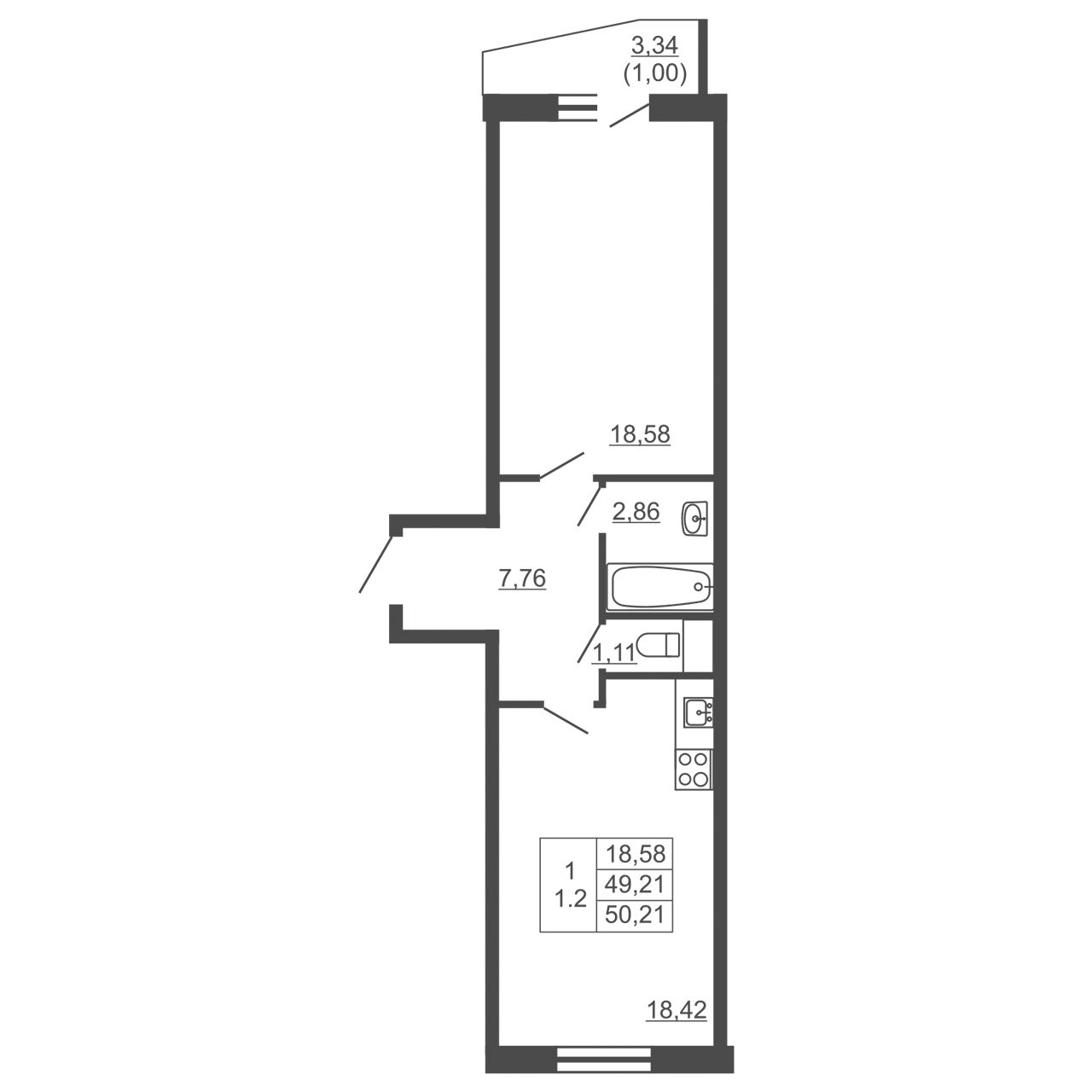 1-комнатная квартира, 50.21