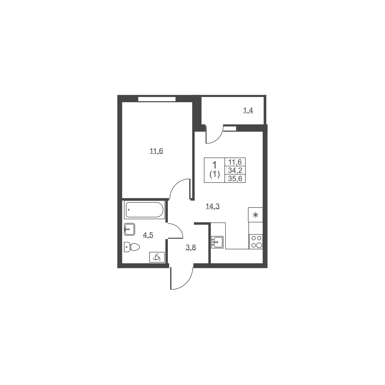 1-комнатная квартира, 35.6