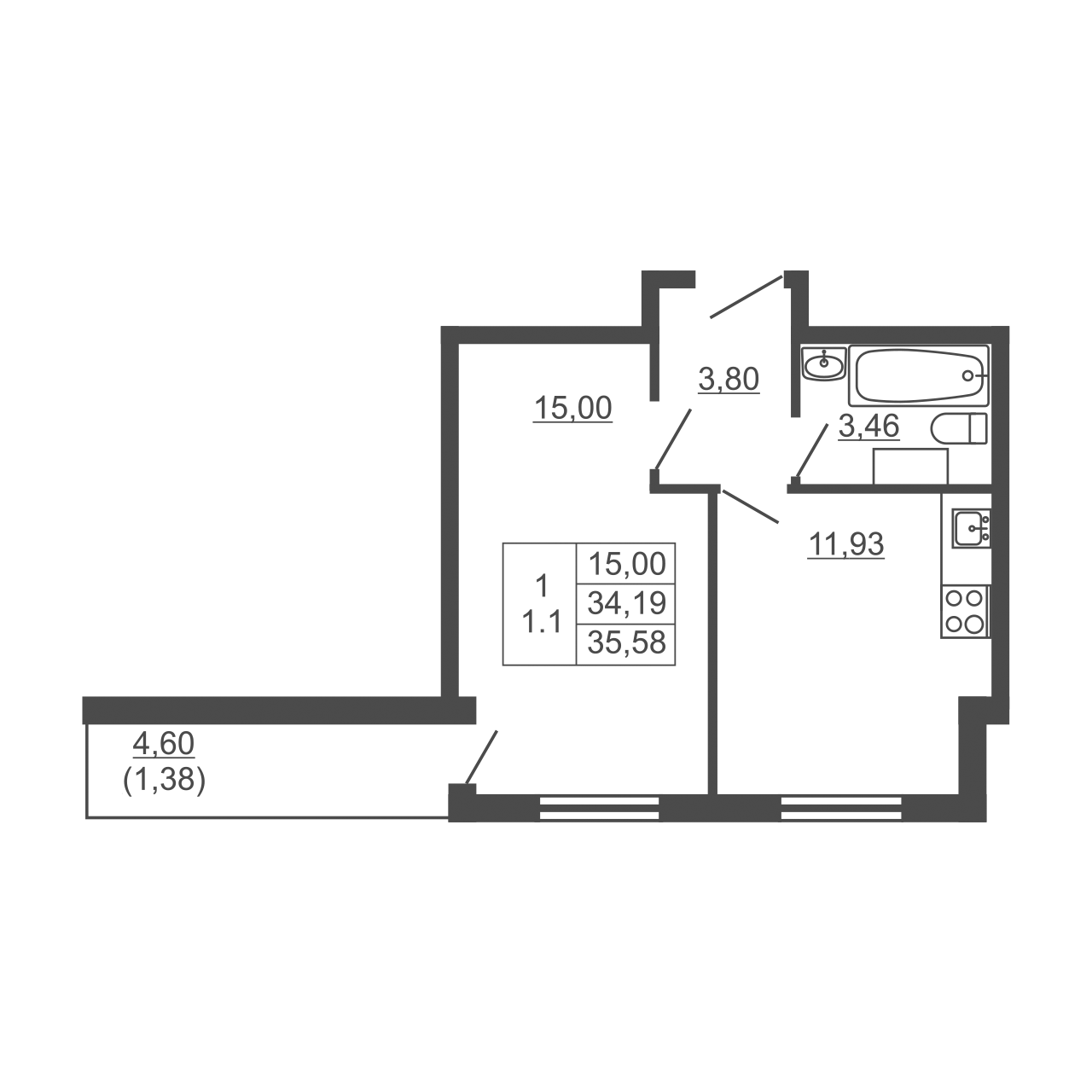 1-комнатная квартира, 35.58