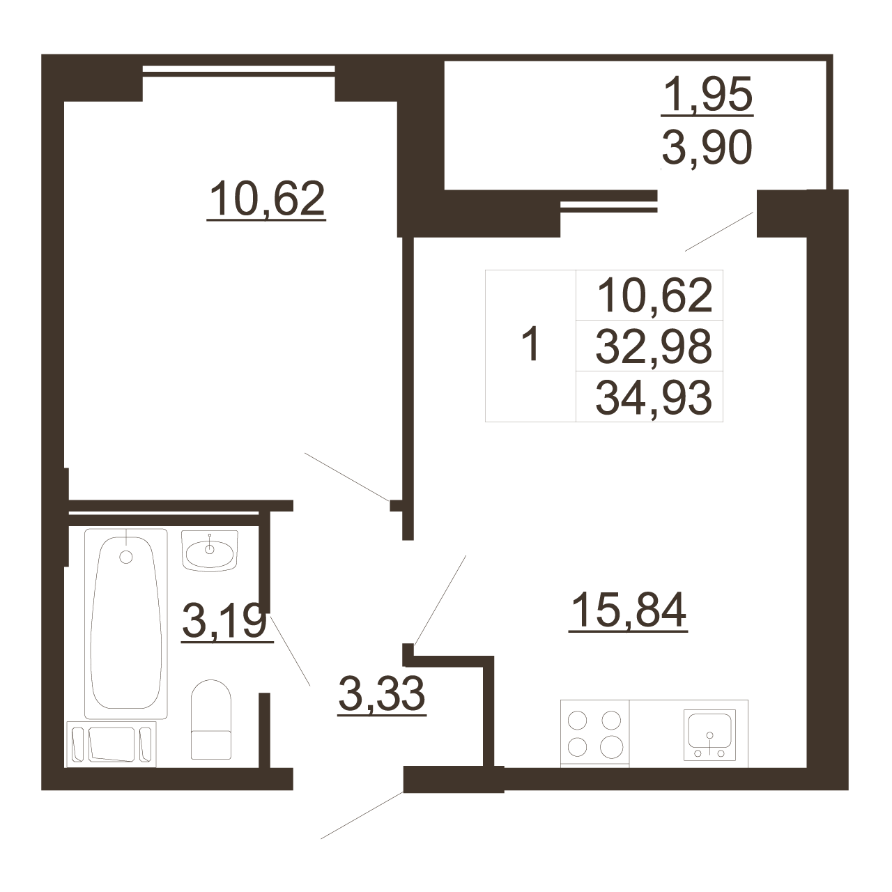 1-комнатная квартира, 34.93