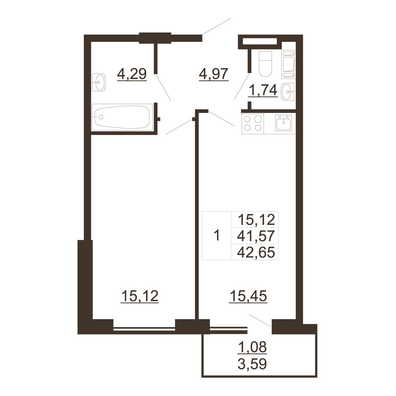 1-комнатная квартира, 46.65