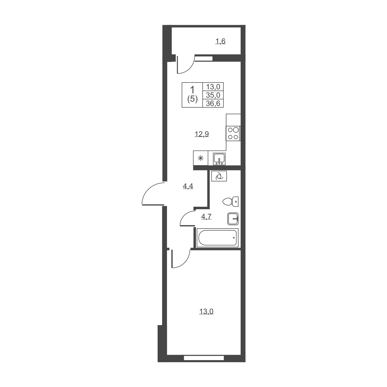 1-комнатная квартира, 36.6