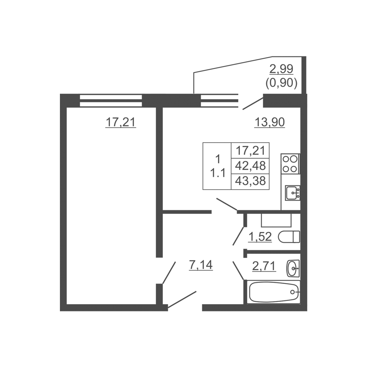 2-комнатная квартира, 43.38