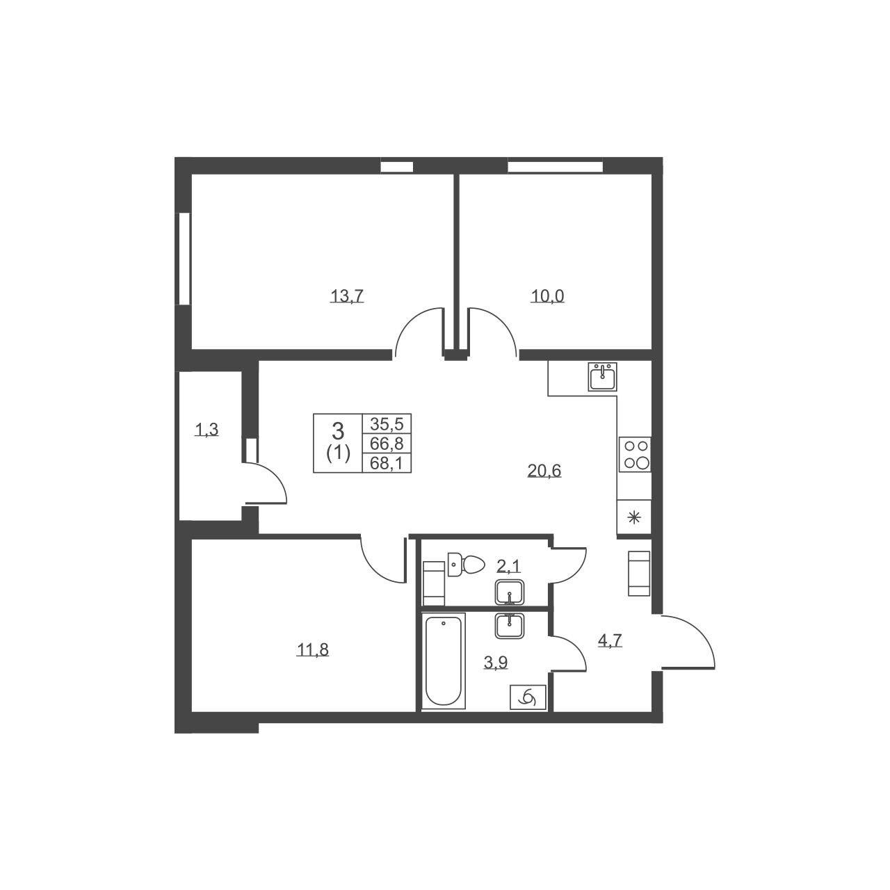 3-комнатная квартира, 68.1