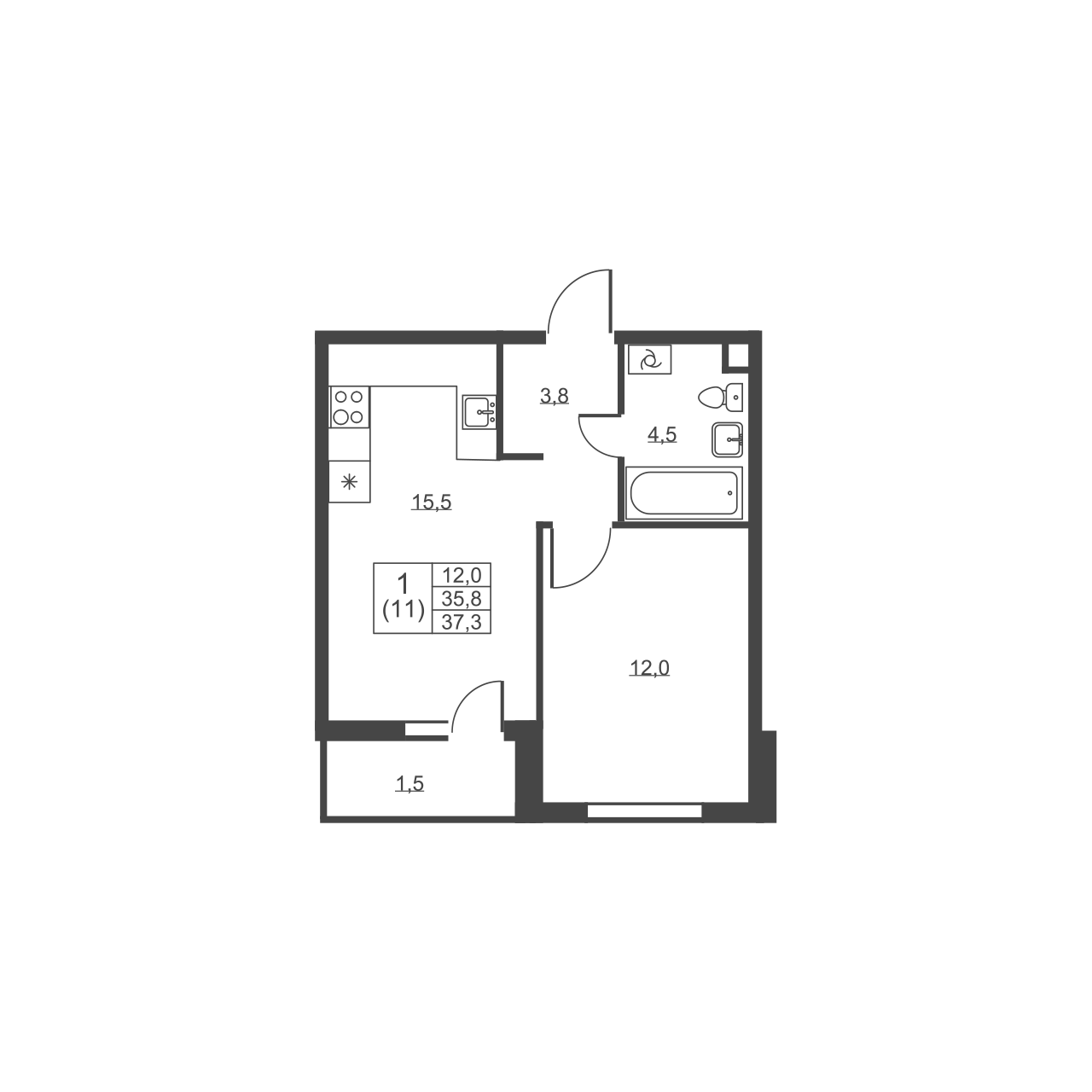 1-комнатная квартира, 37.3