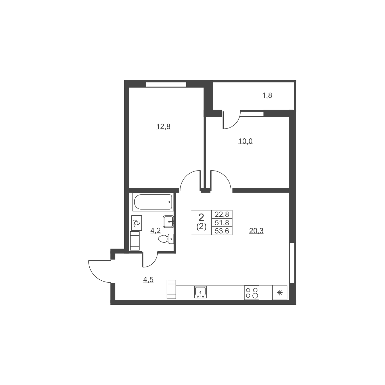 2-комнатная квартира, 53.6