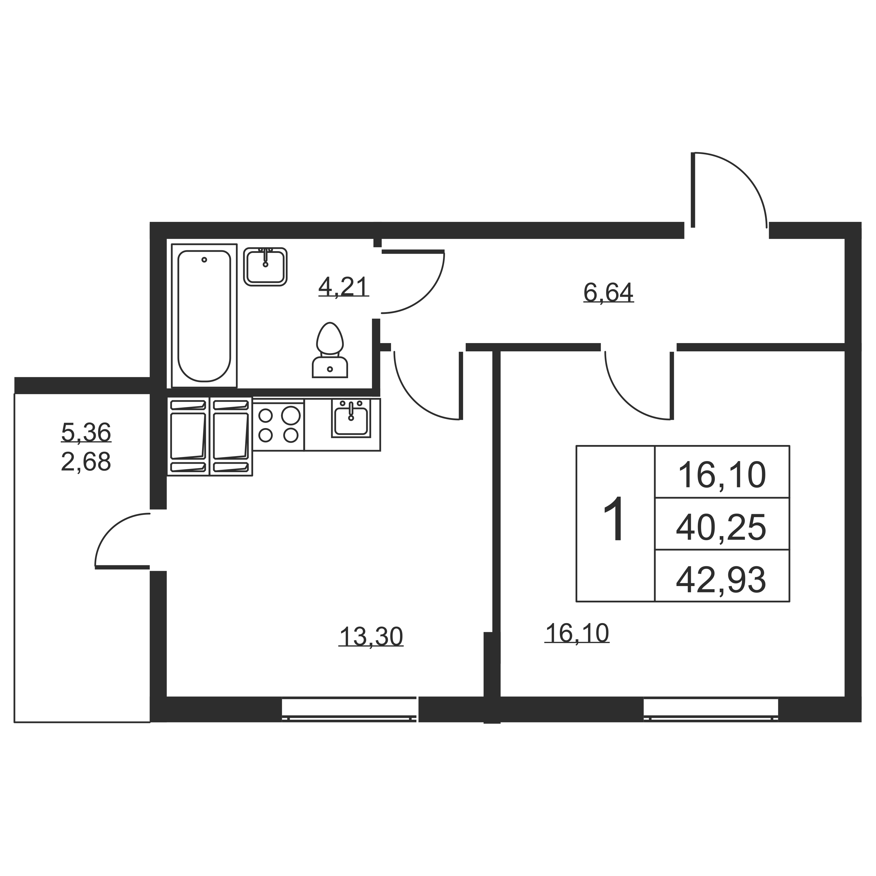 1-комнатная квартира, 42.93