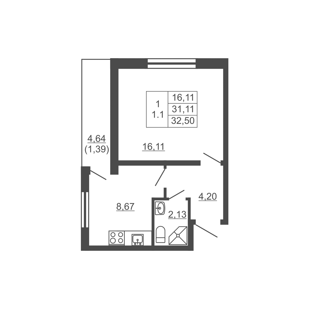 1-комнатная квартира, 32.5