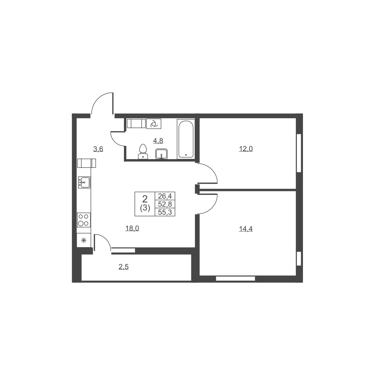 2-комнатная квартира, 55.3