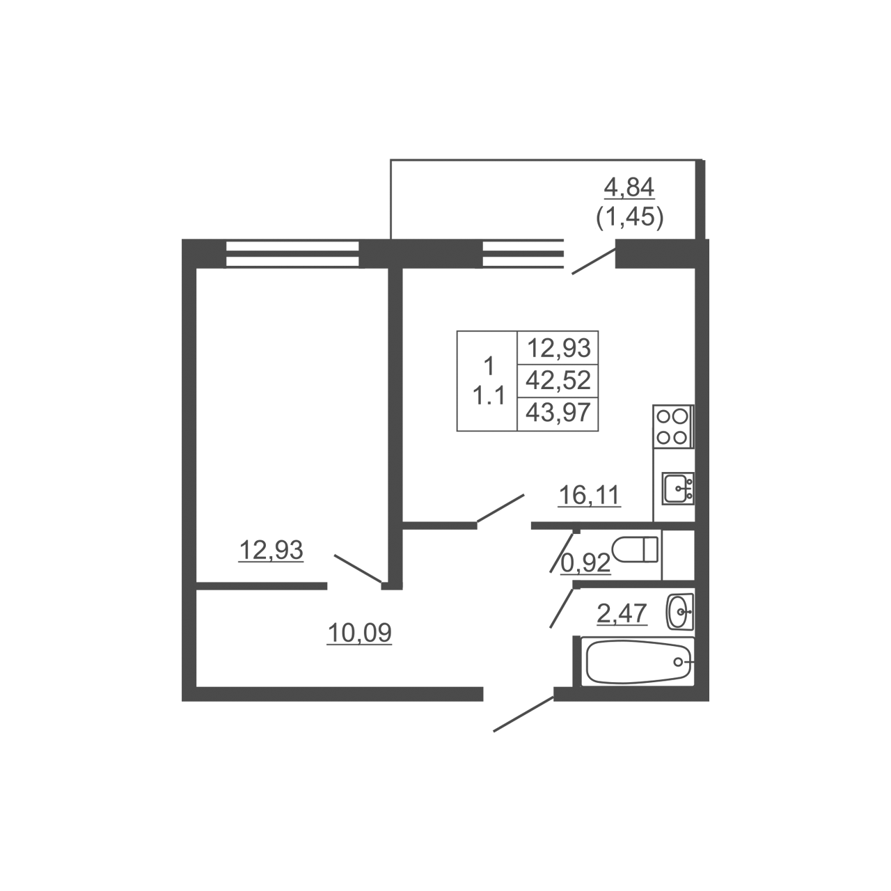 1-комнатная квартира, 43.97