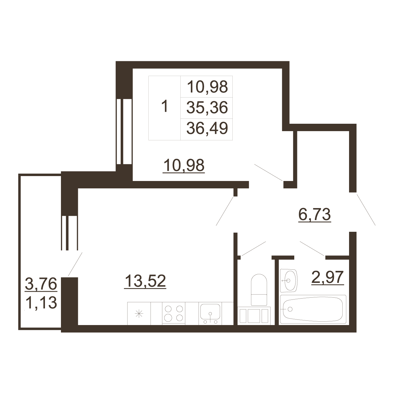 1-комнатная квартира, 36.49