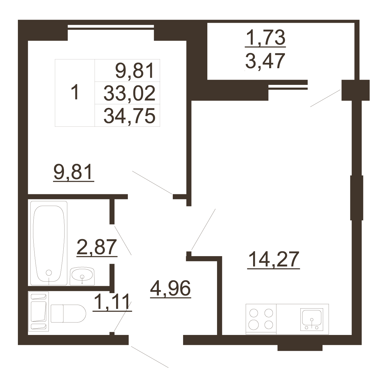 1-комнатная квартира, 34.75