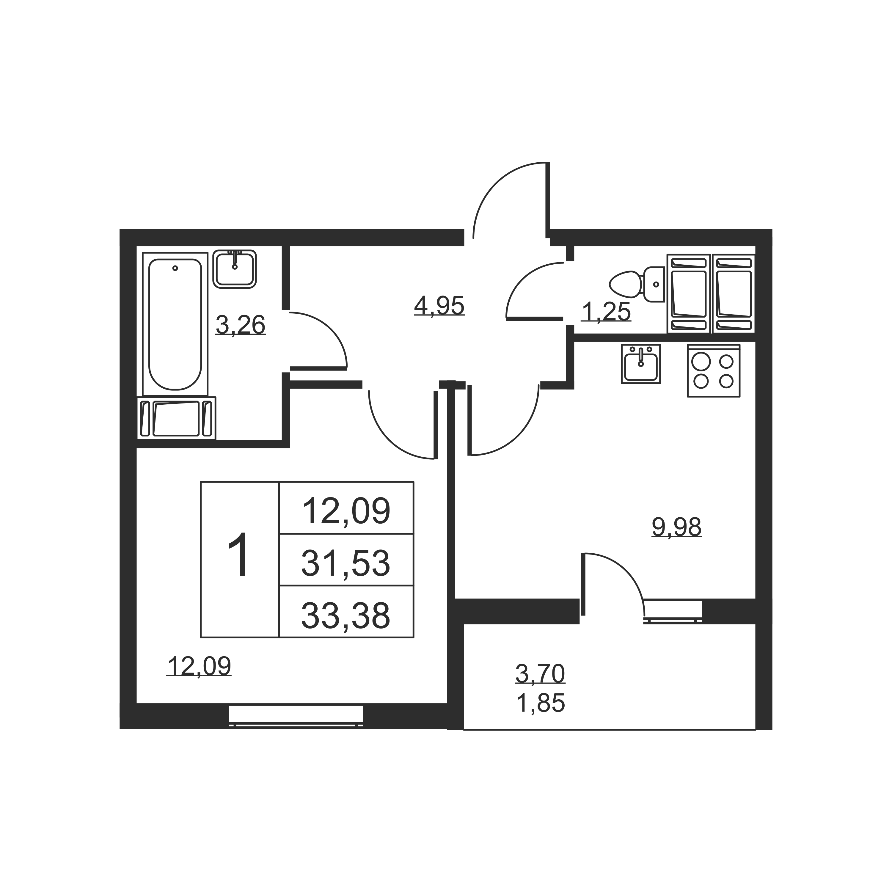1-комнатная квартира, 33.38