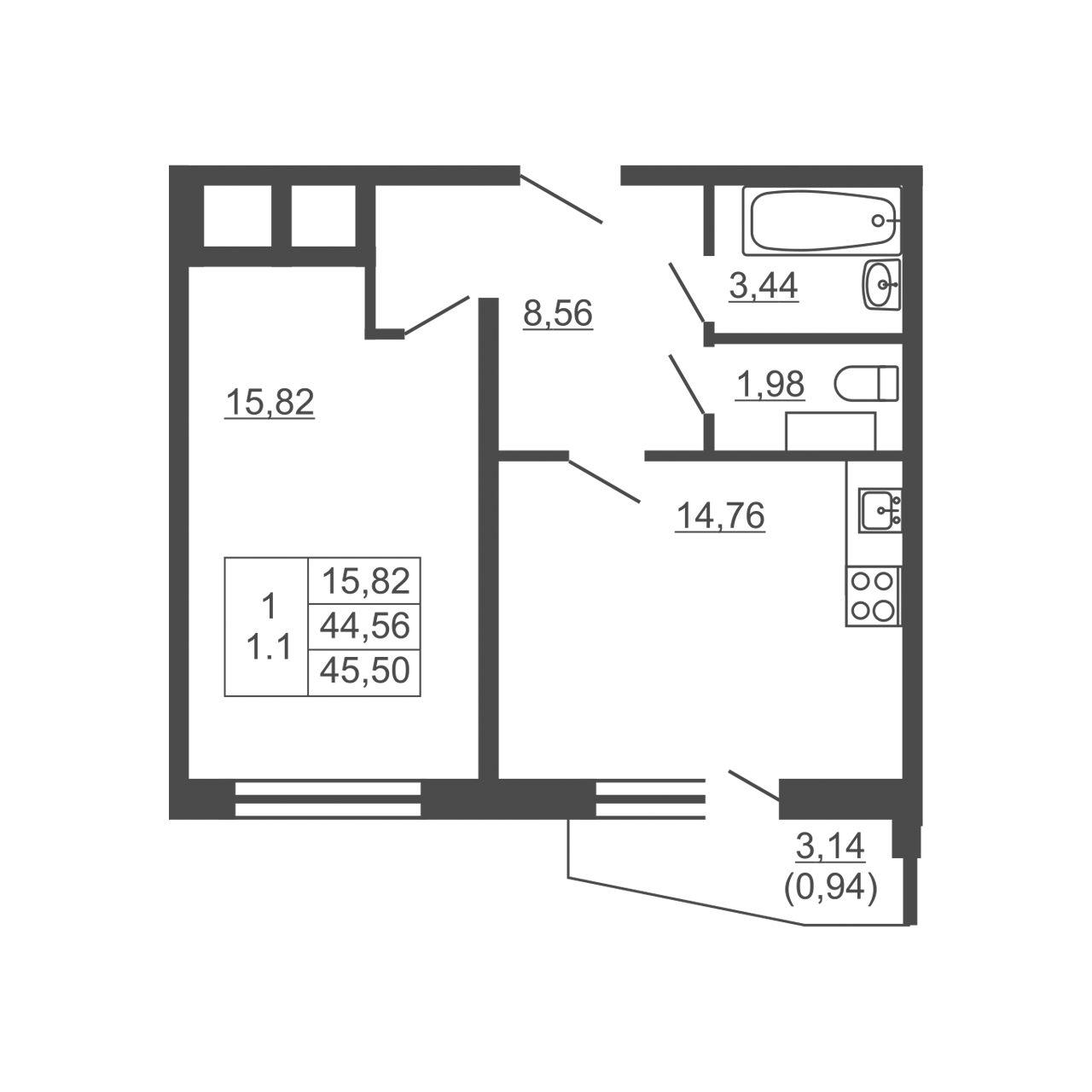 2-комнатная квартира, 45.5