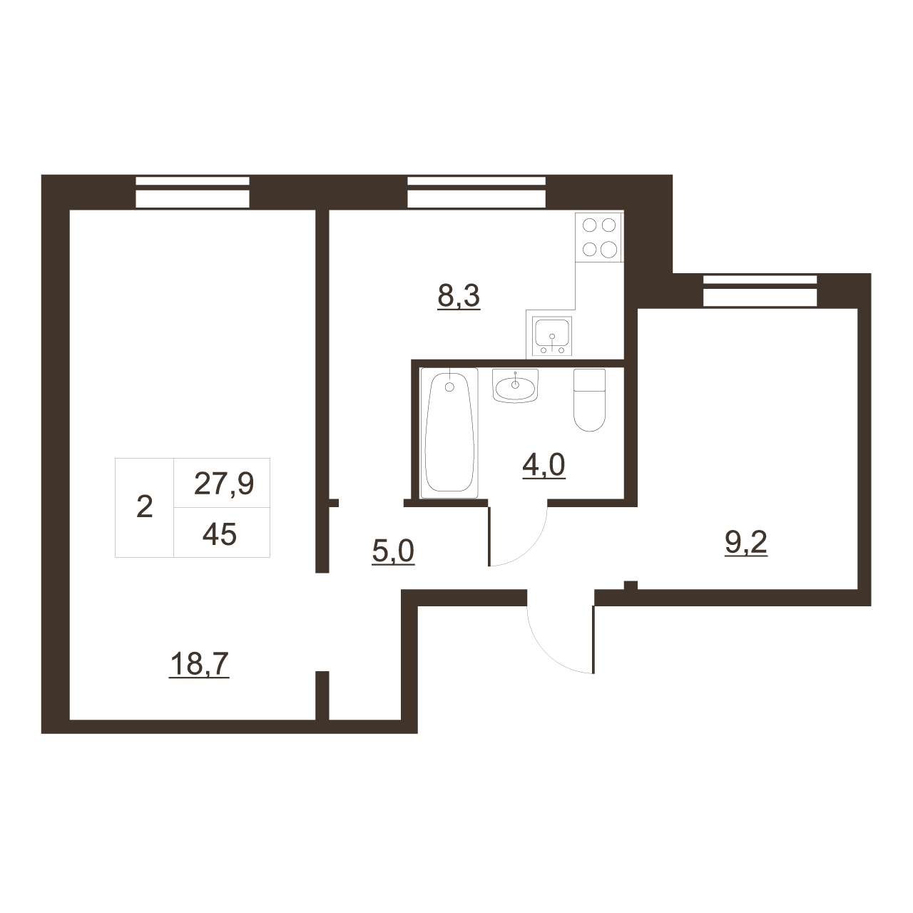 2-комнатная квартира, 45