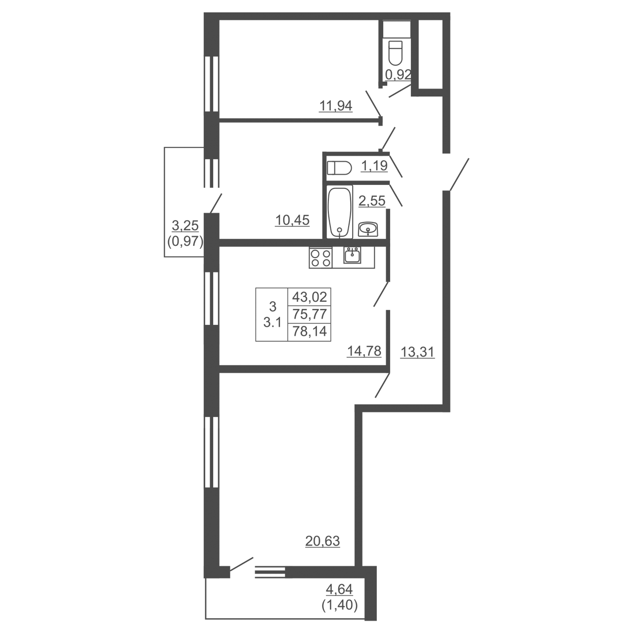 3-комнатная квартира, 78.14