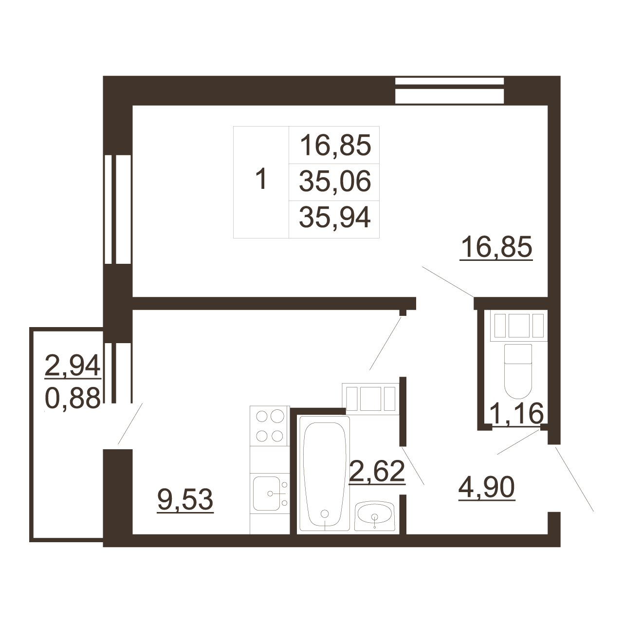 1-комнатная квартира, 35.94