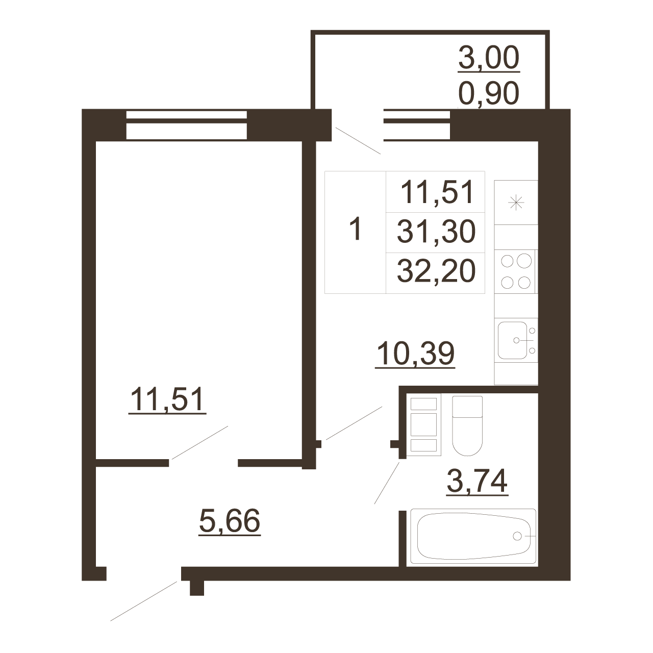 1-комнатная квартира, 32.2