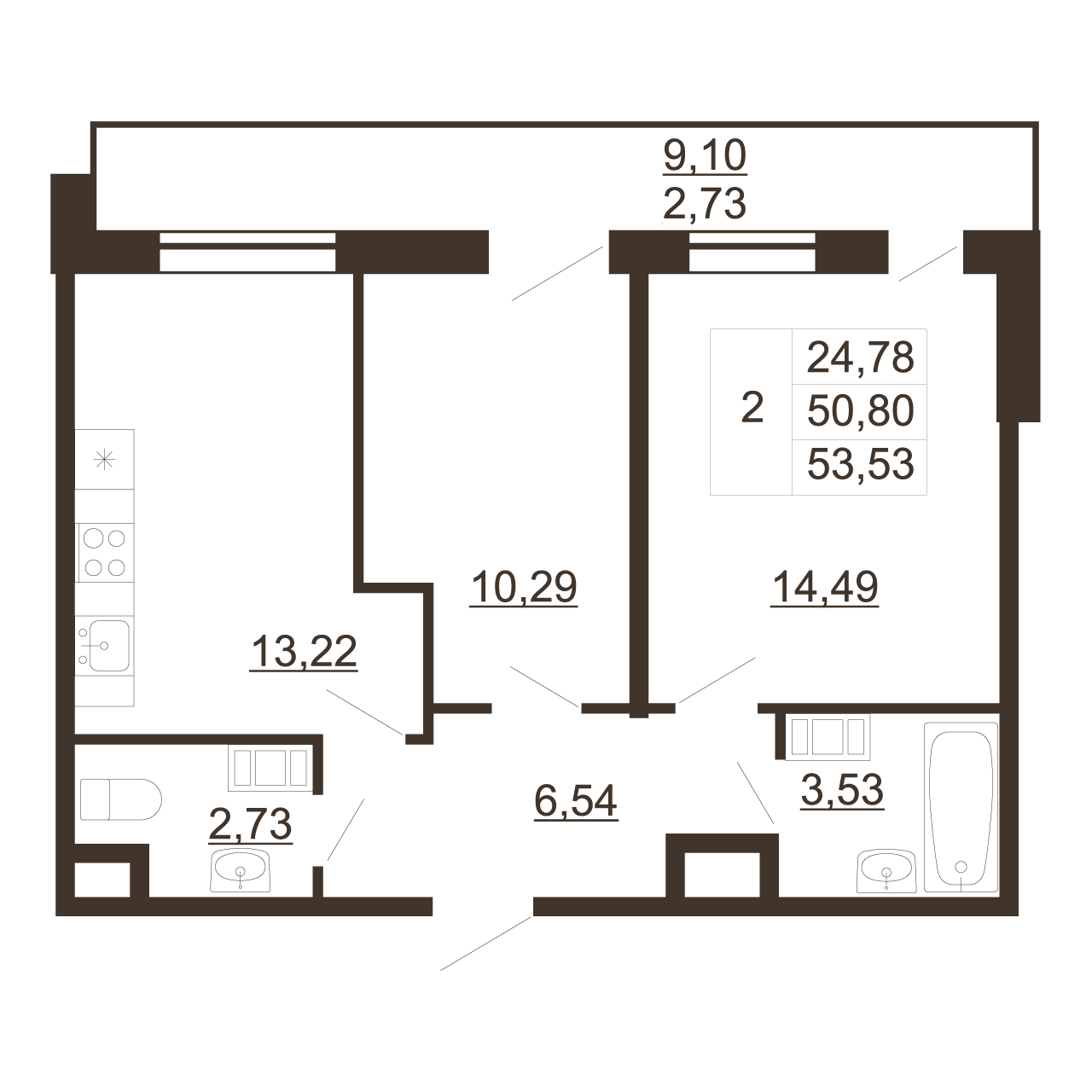 2-комнатная квартира, 53.53