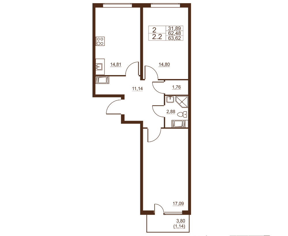 2-комнатная квартира, 63.62