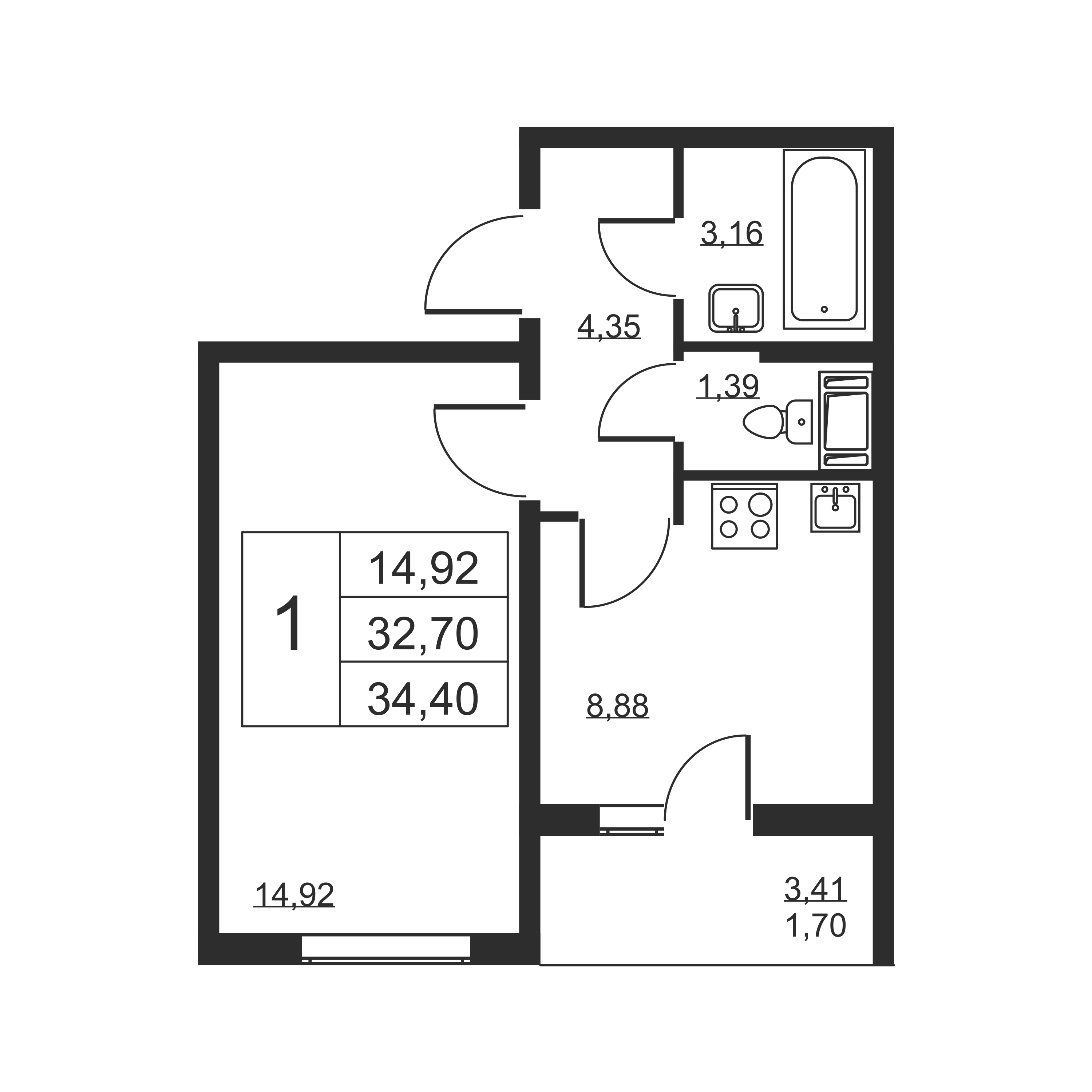 1-комнатная квартира, 34.4