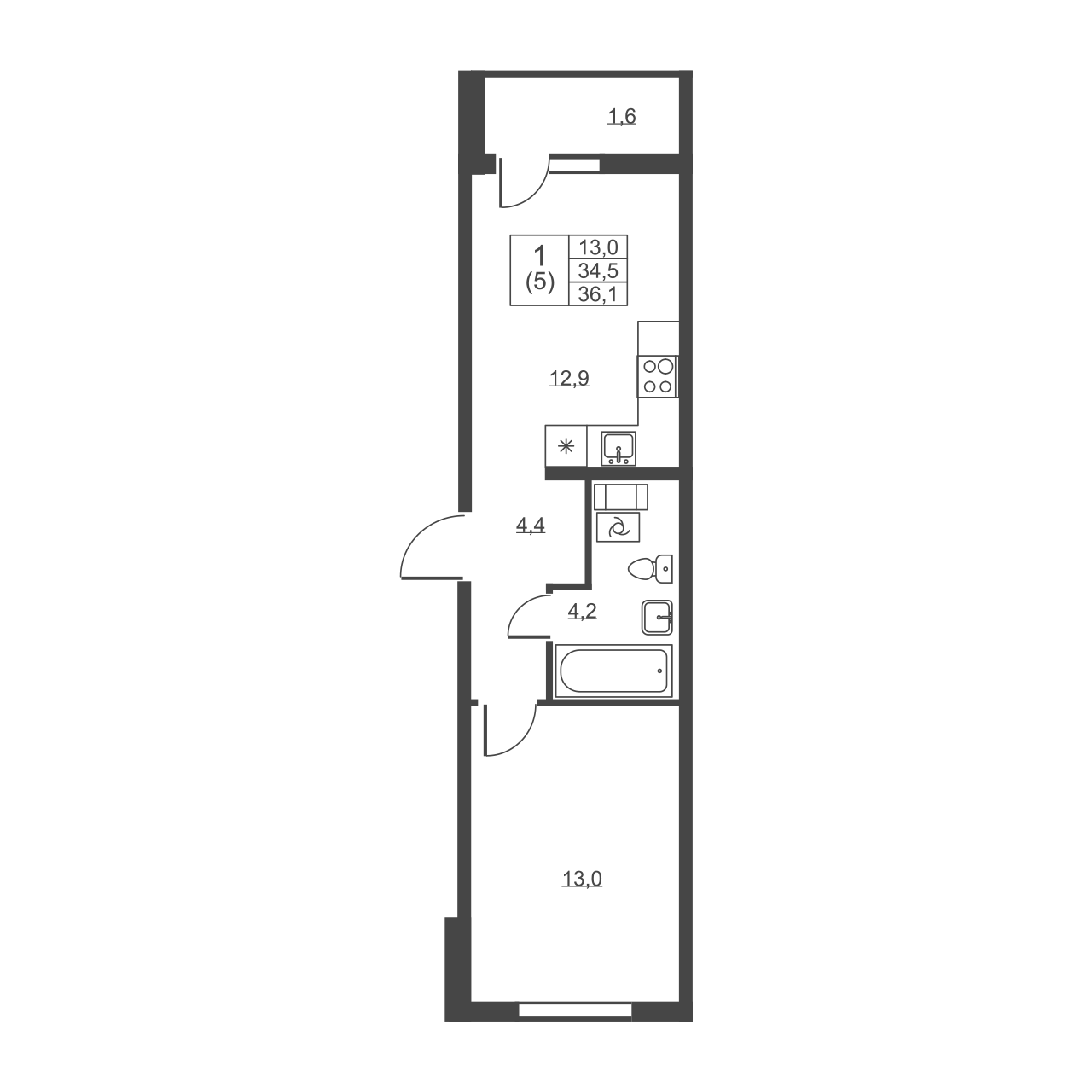 1-комнатная квартира, 36.1