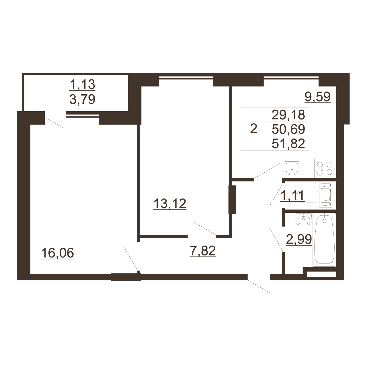 2-комнатная квартира, 51.82