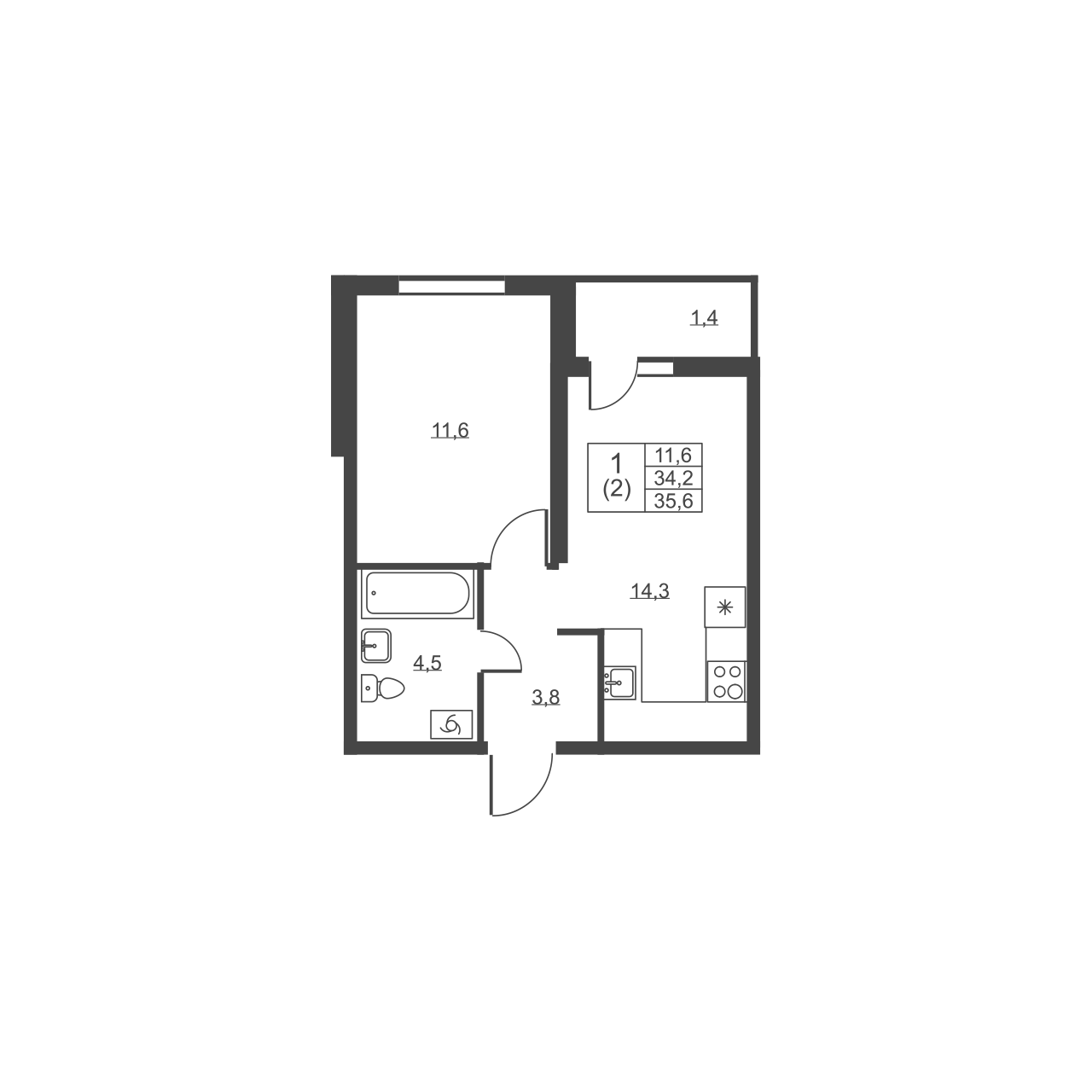 1-комнатная квартира, 35.6