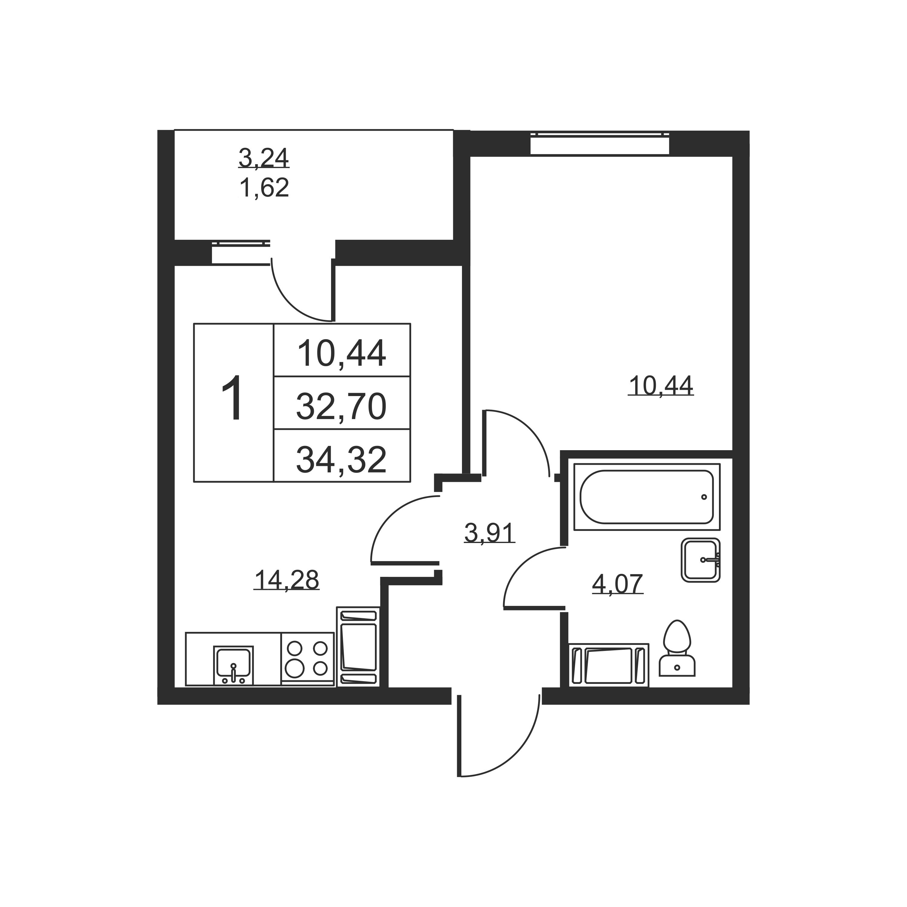 1-комнатная квартира, 34.32