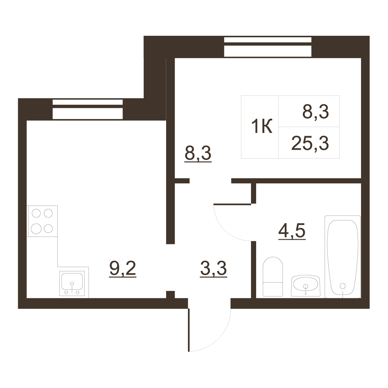 1-комнатная квартира, 25.3