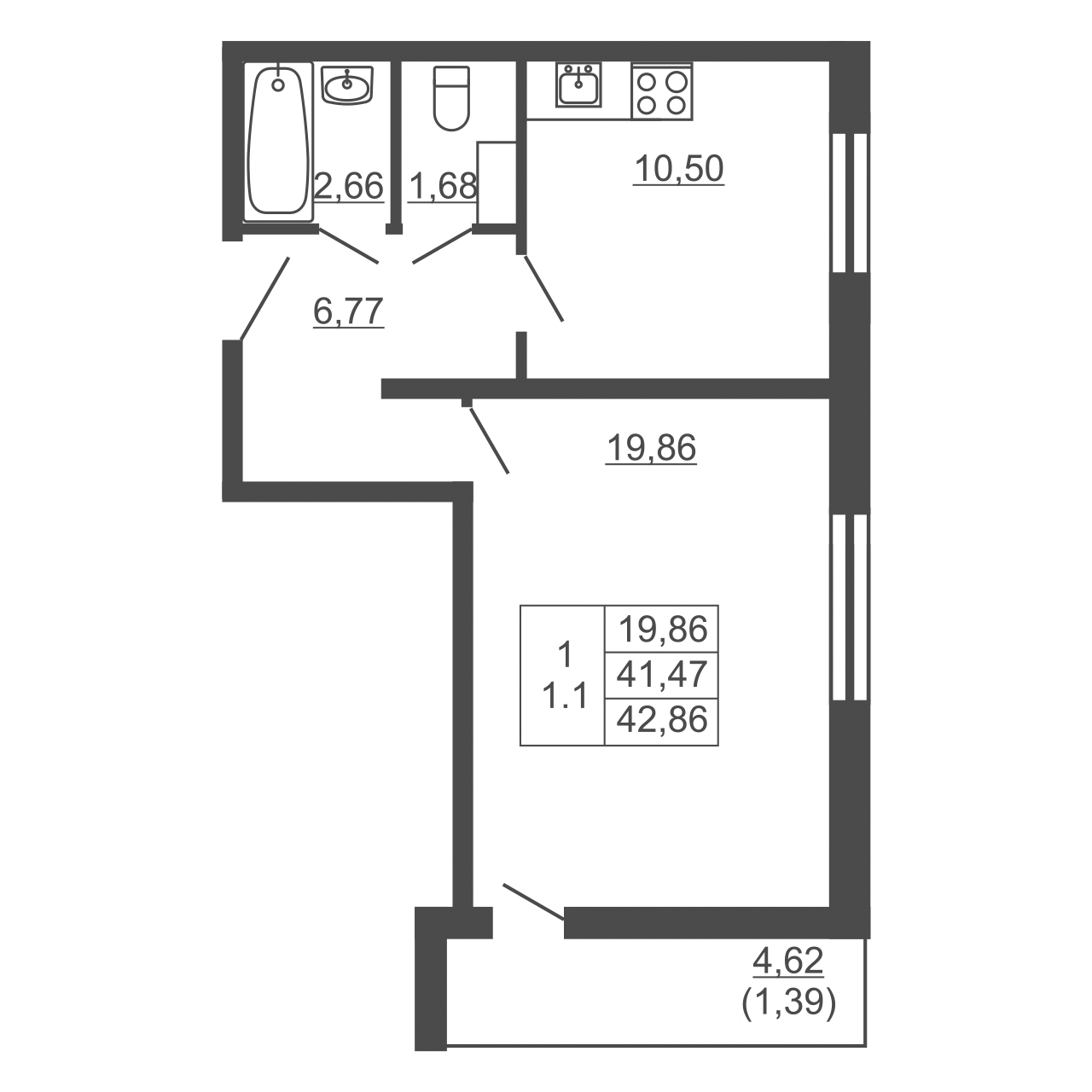 1-комнатная квартира, 42.86
