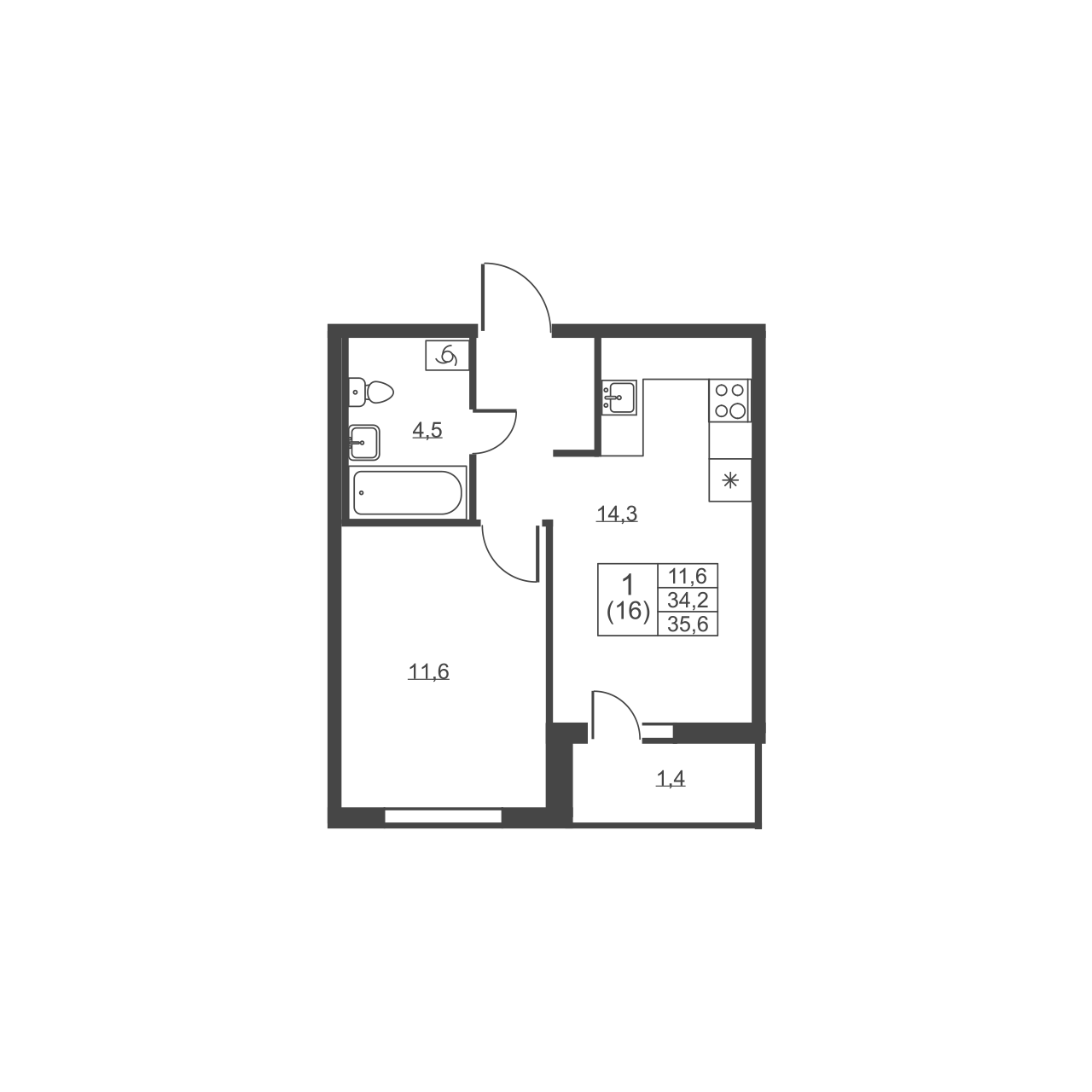 1-комнатная квартира, 35.6