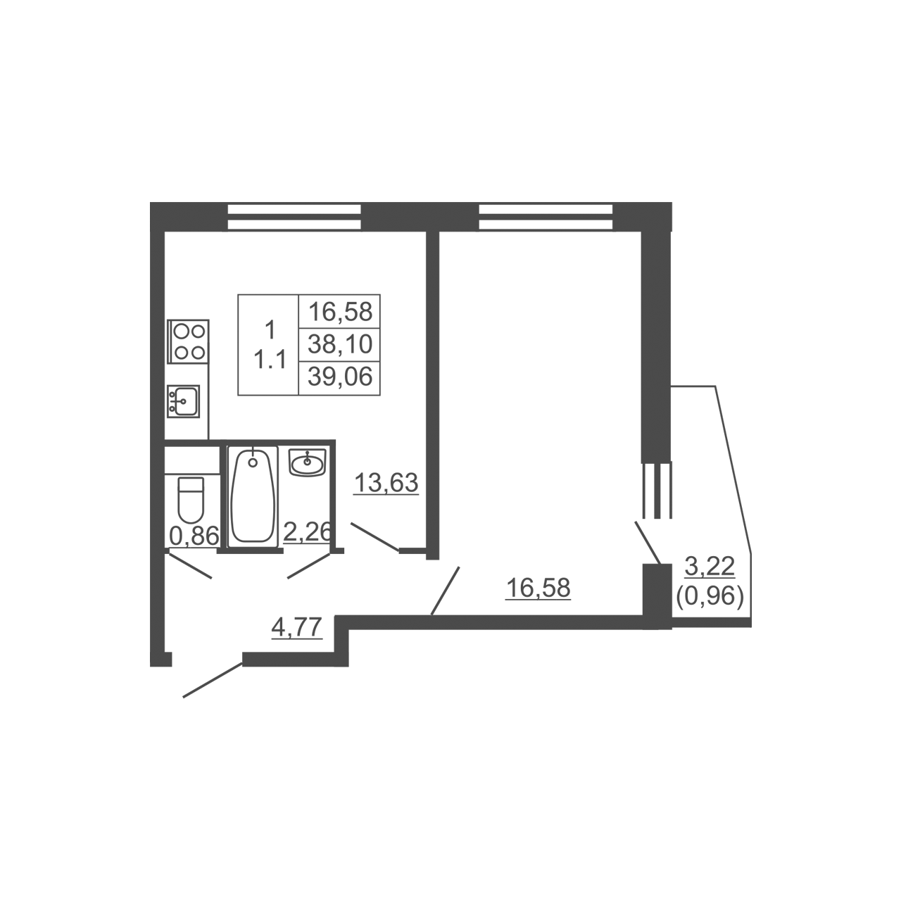 1-комнатная квартира, 39.06
