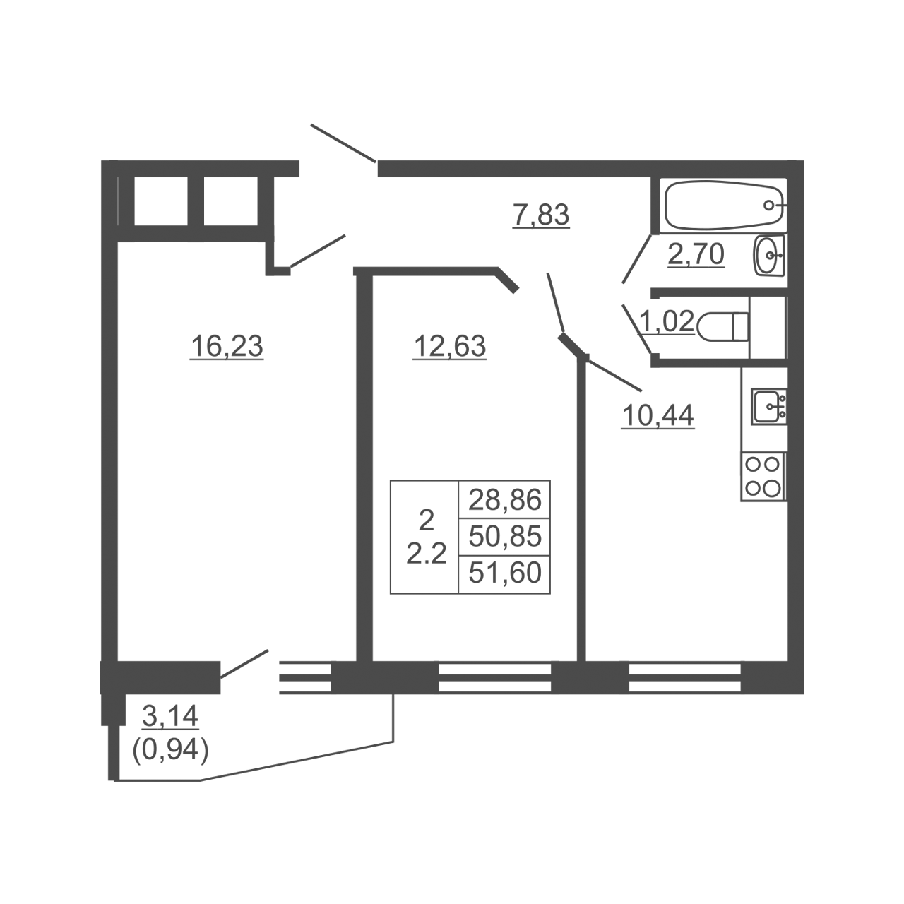 2-комнатная квартира, 51.6