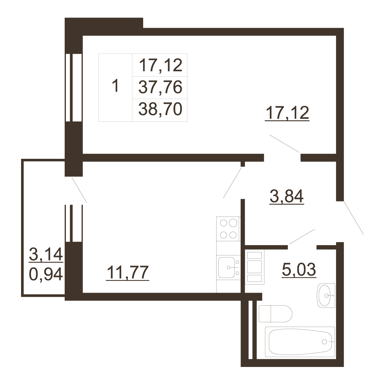 1-комнатная квартира, 38.7