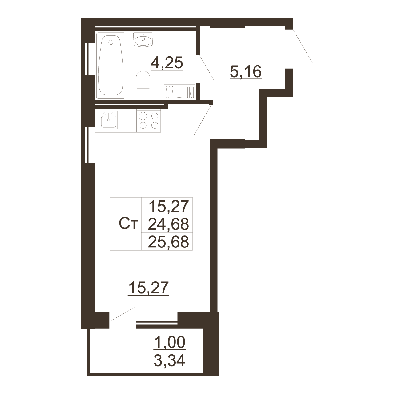 Квартира студия, 25.68